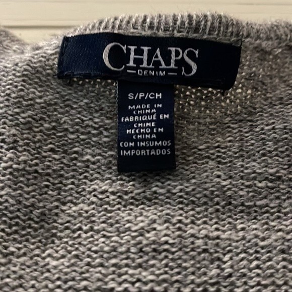 Chaps Aztec Sleeved Cardigan. Size Small. Navy, gray, tan Fringe on bottom - Picture 2 of 4